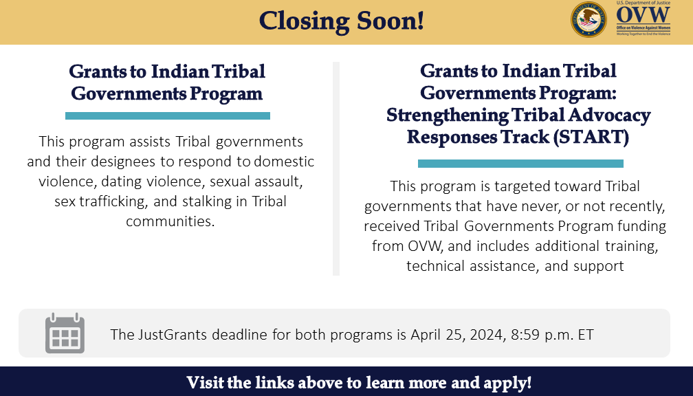 CLOSING SOON: Time is running out to apply for OVW's fiscal year 2024 solicitations for 2 grant programs that assist Tribal governments. ☑️Tribal Governments Program: justice.gov/ovw/media/1336… ☑️Tribal Governments START Program: justice.gov/ovw/media/1336…