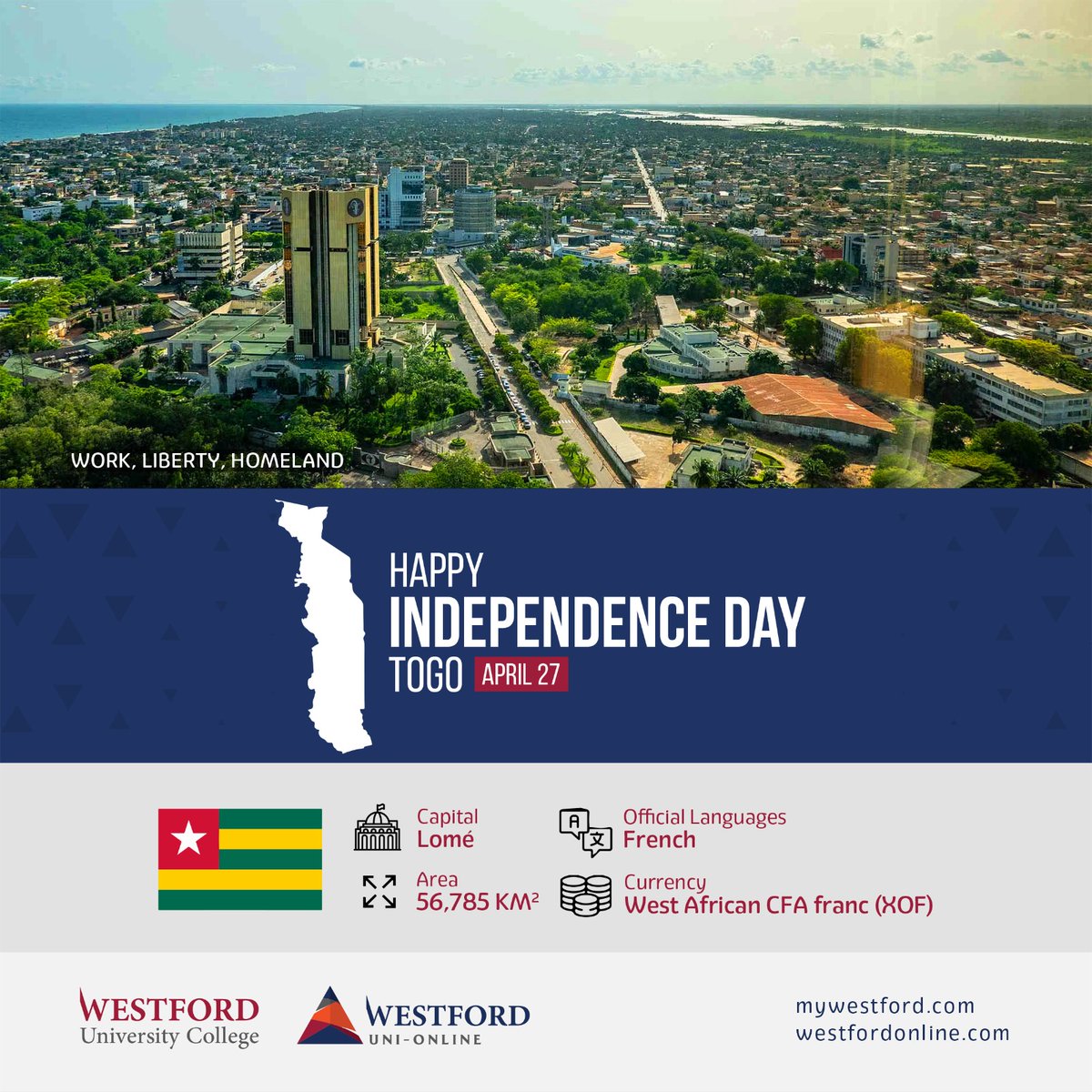 Happy Independence Day, Togo! 🇹🇬

#TogoIndependence #UnityInDiversity #ProgressAndProsperity #Independenceday #Westforduniversitycollege #Wearewestford #westfordbusinessschoolonline #Lifeatwestford