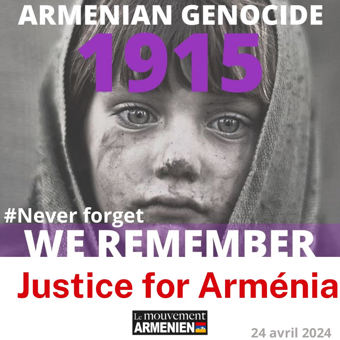 Le message du Mouvement Arménien a l’occasion du 24 avril 2024.: Aujourd’hui, nous commémorons le 109ème anniversaire du génocide des Arméniens, un moment sombre de l’histoire qui ne doit jamais être oublié. […] dlvr.it/T5xnBR #armenie #ArmenianGenocide