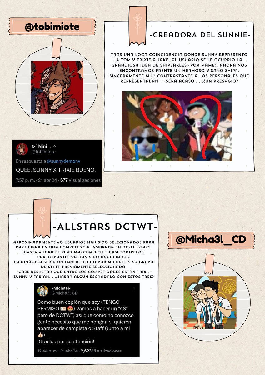 _sabrina_kaori_'s tweet photo. "Fandom Hispano DCTWT" les presenta su primera edición, en esta habla sobre los últimos chismes, algun que otra noticia extra, finalizando con unos dibujos hermosos de la comunidad. La revista está centrada en, como dice su nombre ,el fandom Hispano.
#FandomHispanoDCTWT #dctwt https://t.co/hb9DD2azkb