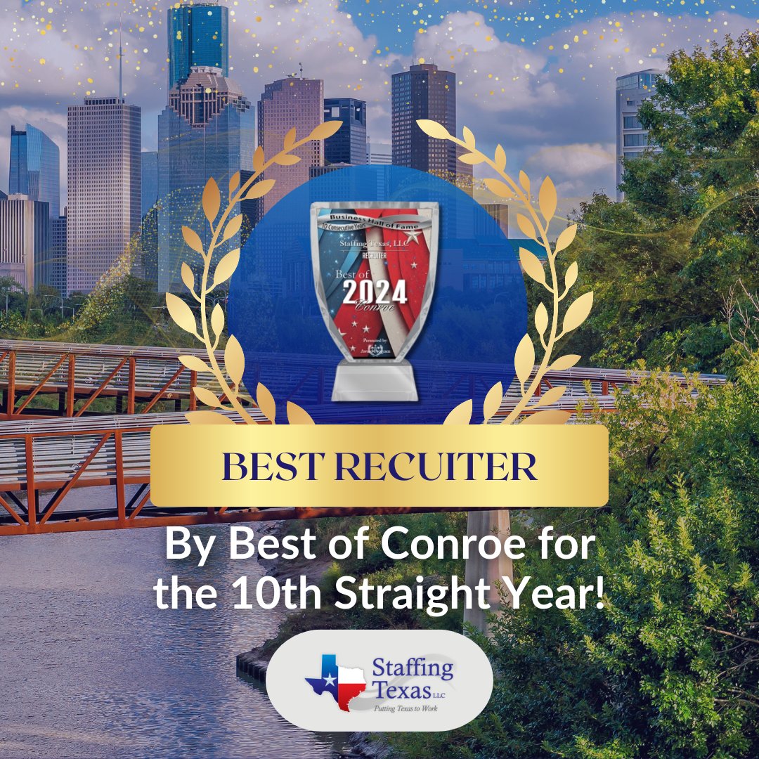 We’re thrilled to announce that Staffing Texas was recently named Best Recruiter by Best of 2024 Conroe for the tenth straight year!

Read more: nsl.ink/dsjU

#StaffingTexas #PuttingTexasToWork #TexasJobs #JobHunting #WeAreHiring #Hiring #TexasCareers #JobSearch
