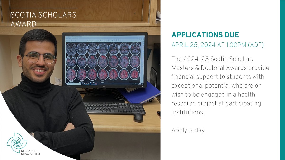 Reminder that applications for the 2024/25 Master's & Doctoral Scotia Scholars Award are due tomorrow, April 25 at 1pm (ADT). ➡️researchns.ca/ssa/