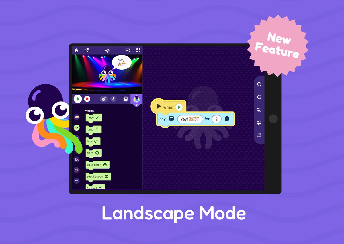 OctoStudioApp's tweet photo. We’re thrilled to introduce Landscape Mode! If you’re using a medium to large tablet, you can now create using a landscape version of the #OctoStudio editor.

To access this feature, update your OctoStudio app to version 1.0.12 and enable Landscape Mode in the “Settings” menu. https://t.co/7ynn9bJKQl