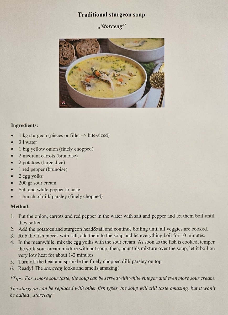 MironCandrea's tweet photo. 🥘Storceag -> recipe of the week👇
This recipe serves as an invitation to the magnificent #Danube Delta, one of the most beautiful areas of #Romania 🇷🇴, and home to a variety of delicious #fish soups. 
Traditionally made of #sturgeon, today's star - the #storceag - originates from Sfântu Gheorghe (#Tulcea County), and it was originally a fishermen's #soup. 
Paraphrasing the famous #culinary writer Radu Anton Roman - the storceag can be eaten only in Sf. Gheorghe, Danube Delta. It's a combination of the 🇺🇦 Ukrainian & 🇷🇴 (pastoral) Romanian cuisine - continental and fishy at the same time, but light.
Try it out, you won't regret it! 😀
#gastrodiplomacy #culinarydiplomacy