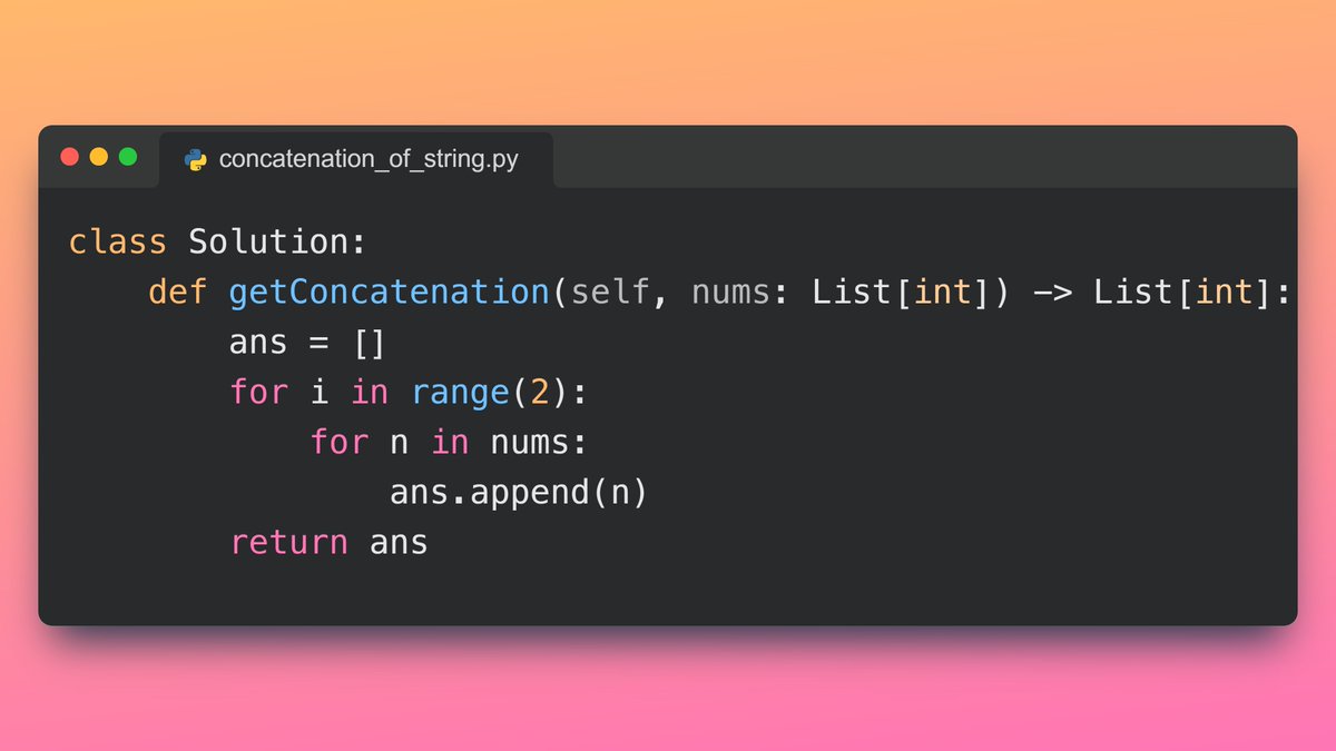 🚀Leetcode Challenge Day 3:
Solved #1929 - Concatenation of string!
Time Complexity: O(n)
Space Complexity:
Best Case = 0(1)
Worst Case = O(n)
#LeetCodeChallenge #ProblemSolving #Coding #DataStructuresAndAlgorithms #Python