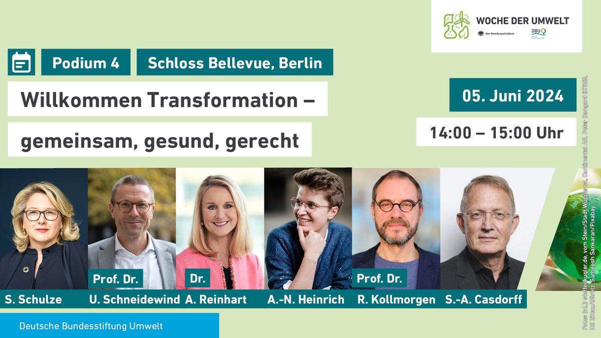 🚨Transformers aufgepasst: Podium 4 bringt die Verbindung von Klimakrise & sozialer Gerechtigkeit ins #WocheDerUmwelt|-Programm. Wie setzen wir den grünen Transformationsprozess „gemeinsam, gesund, gerecht“ um? Das diskutieren hochkarätige Persönlichkeiten woche-der-umwelt.de/programm/podiu…