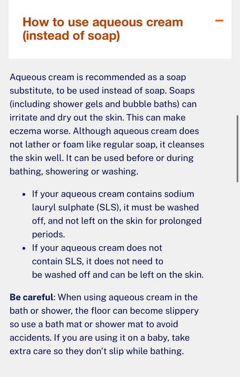 If you have eczema, aqueous cream can be used as a soap substitute.

Because shower gels and bubble baths may contain ingredients that can irritate and dry out your skin.