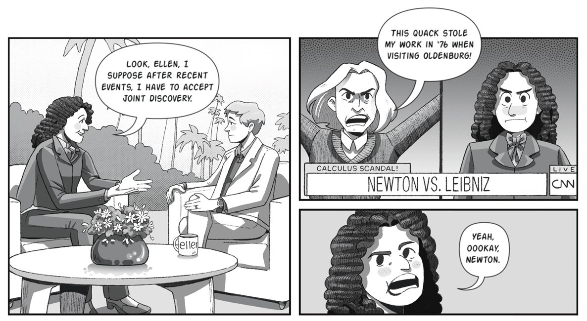 DeconstructCalc's tweet image. What if the Newton vs. Leibniz calculus debacle happened today? Would we see them making the rounds on CNN or Ellen to plead their case? Our Calculus Wars graphic novella asks that same question! #calculushistory #deconstructcalc #calcmindset