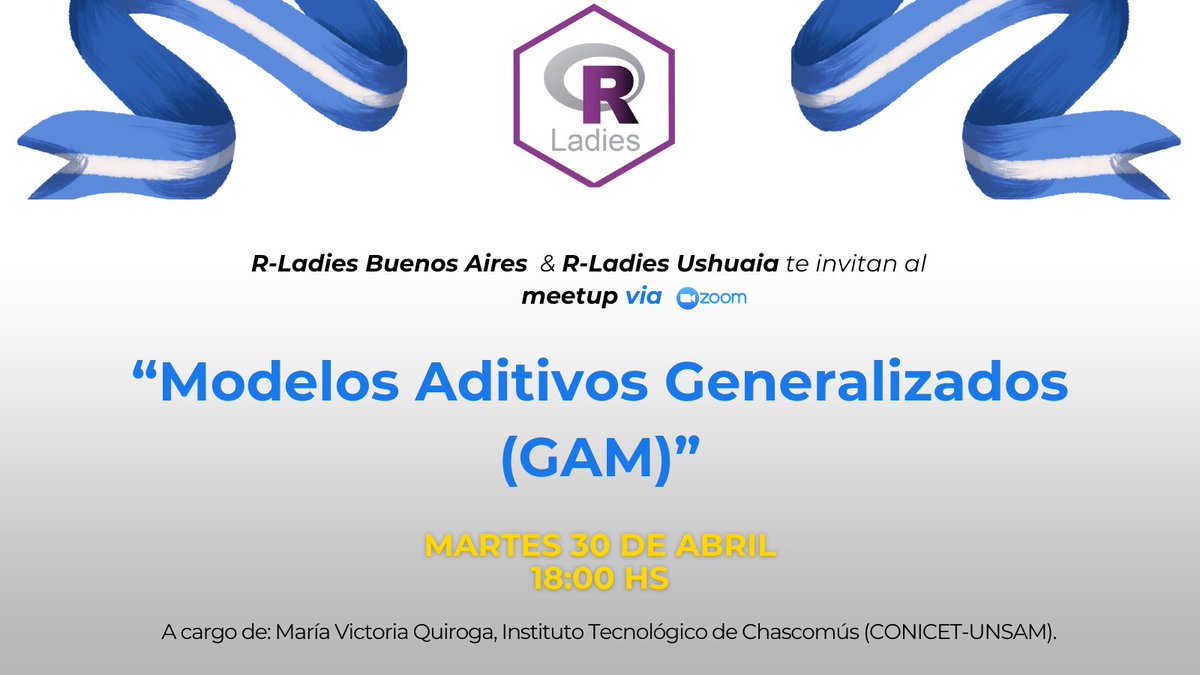 ¿Alguna vez tuviste que modelar datos mediante la suma de componentes? @ViQu20 te cuenta sobre Modelos Aditivos Generalizados (GAMs) en un meetup organizado por @RLadiesBA y @RLadiesUshuaia 📅30 de Abril, 18hs 💻Virtual (zoom) 📝Inscripción por Meetup: meetup.com/es-ES/rladies-…