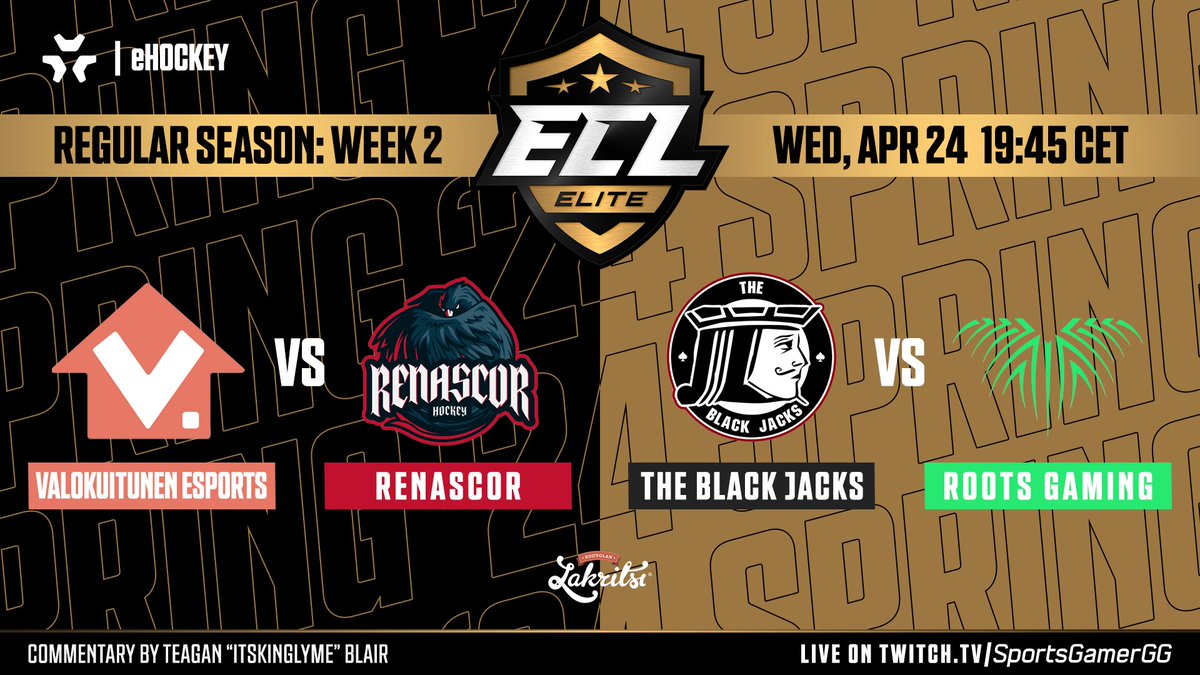 Join us tonight at 19:45 CEST for another exciting #ECL24Spring Elite Broadcasts!

📺 twitch.tv/sportsgamergg

@ValokuitunenNHL vs <a href="/Renascor_NHL/">Renascor</a>
<a href="/BlackJacksEASHL/">The Black Jacks</a> vs <a href="/RootsGamingNHL/">Roots NHL</a>

🎙️@ItsKingLyme

#eHockey #NHL24 #esports #KouvolanLakritsi