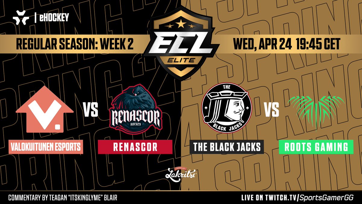 Join us tonight at 19:45 CEST for another exciting #ECL24Spring Elite Broadcasts! 📺 twitch.tv/sportsgamergg @ValokuitunenNHL vs @Renascor_NHL @BlackJacksEASHL vs @RootsGamingNHL 🎙️@ItsKingLyme #eHockey #NHL24 #esports #KouvolanLakritsi