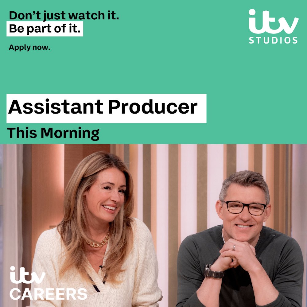 We have a fantastic opportunity to join our team on This Morning as an Assistant Producer. Apply now: lhrc1a.rfer.us/ITV0oi4w7 🌐 itvjobs.com 📧 www.daytimetalent@itv.com Closing date for applications: Tuesday 30th April #ITVCareers