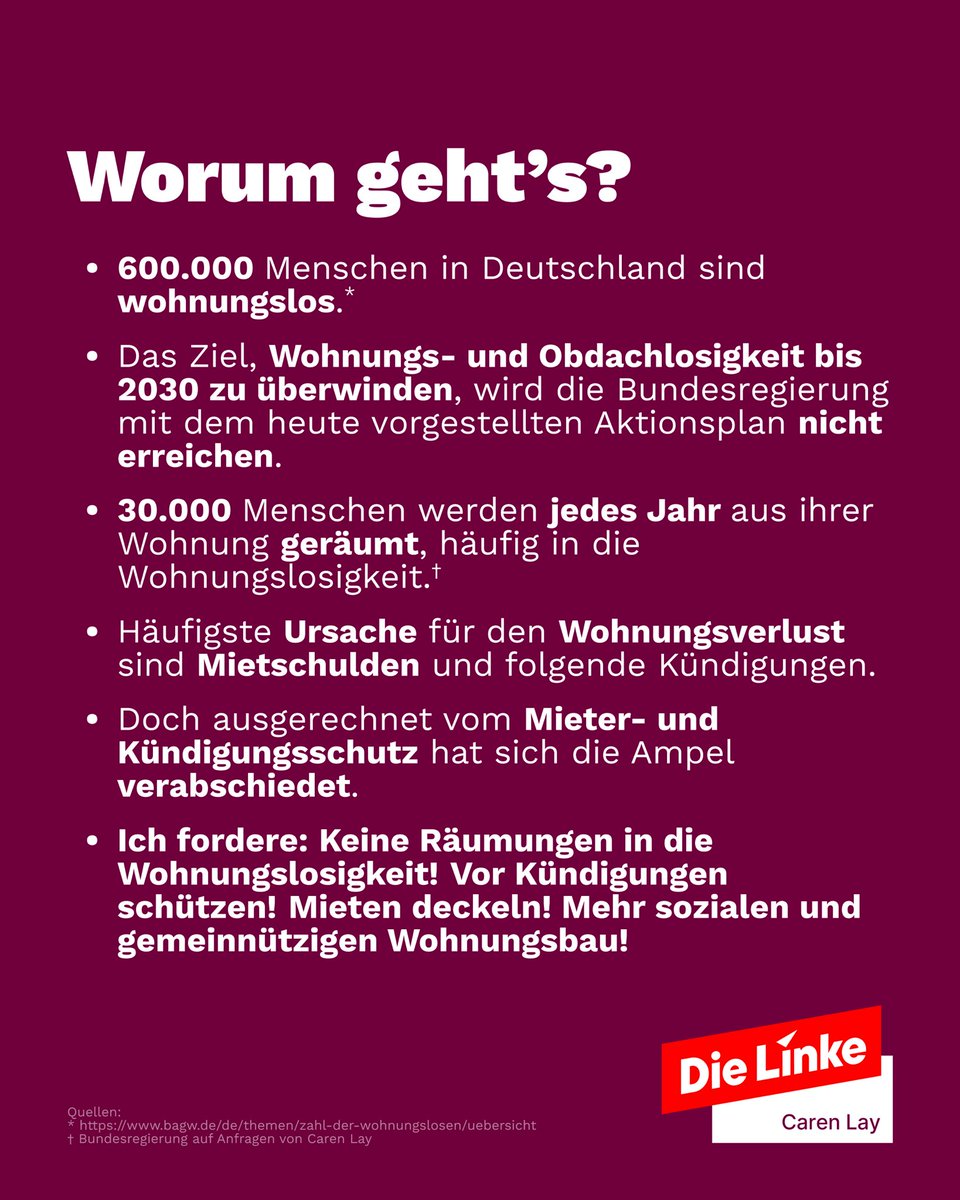 Um #Wohnungslosigkeit zu verhindern, braucht es besseren #Mieterschutz. Doch genau davon hat sich die Ampel-Regierung verabschiedet. So ist der 'Aktionsplan' der Bundesregierung Augenwischerei und verhindert keine Wohnungslosigkeit.