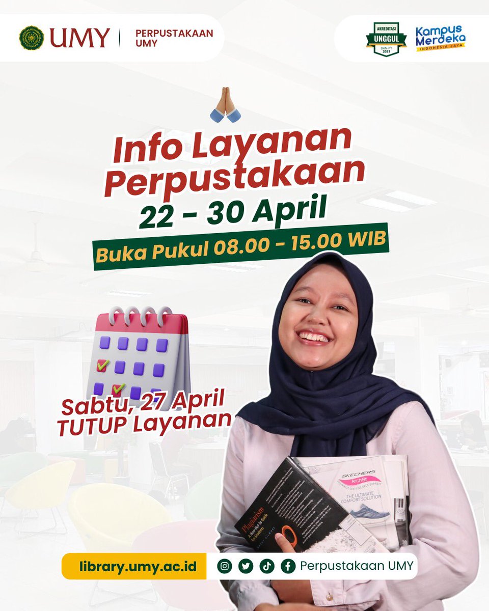 perpustakaanumy's tweet image. haii sobat minpus👋
berikut minpus infoin yaa untuk jam buka layanan perpus sampai tanggal 30 april yaa~

#perpustakaanumy #sobatminpus #infoperpus
