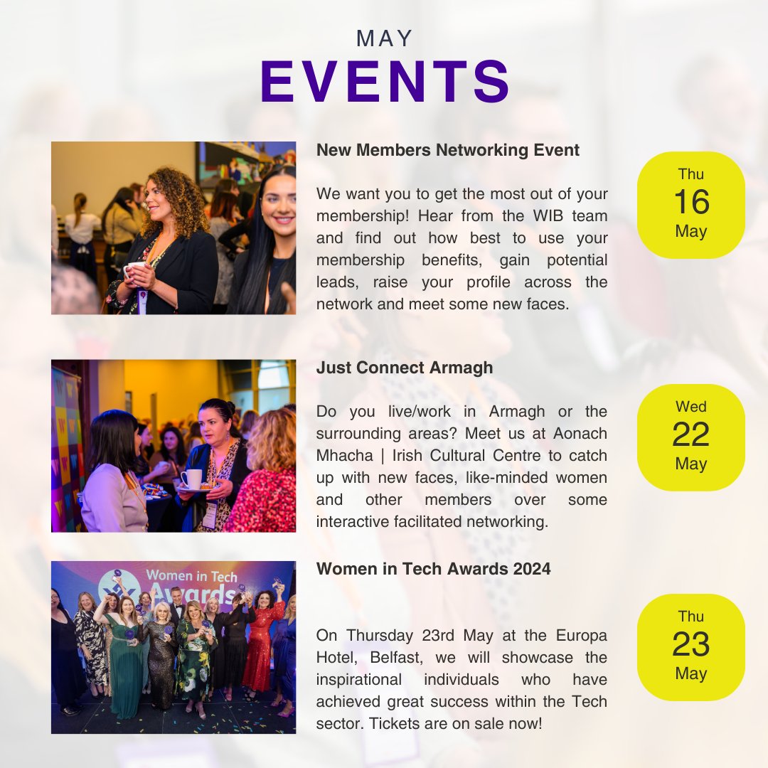📢Another busy month ahead at Women in Business! Join us this May for our wide range of events, whether you are a Corporate, Individual, or Young Women's Network member.  Don't miss out, book your spot now- bityl.co/NzWk #WomeninBusiness #TheWiBGroupImpact