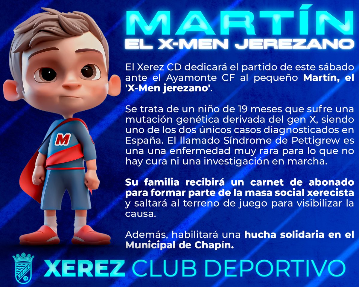 🦸‍♂️⚽️🔝

El #XerezAyamonte, dedicado al pequeño a Martín, el 𝐗-𝐌𝐞𝐧 𝐣𝐞𝐫𝐞𝐳𝐚𝐧𝐨.

🫂 Su familia serán abonados para formar parte de la masa social xerecista y saltarán al terreno de juego en su lucha por una investigación científica.

🖱️ xerezclubdeportivo.es/el-xerez-dedic…