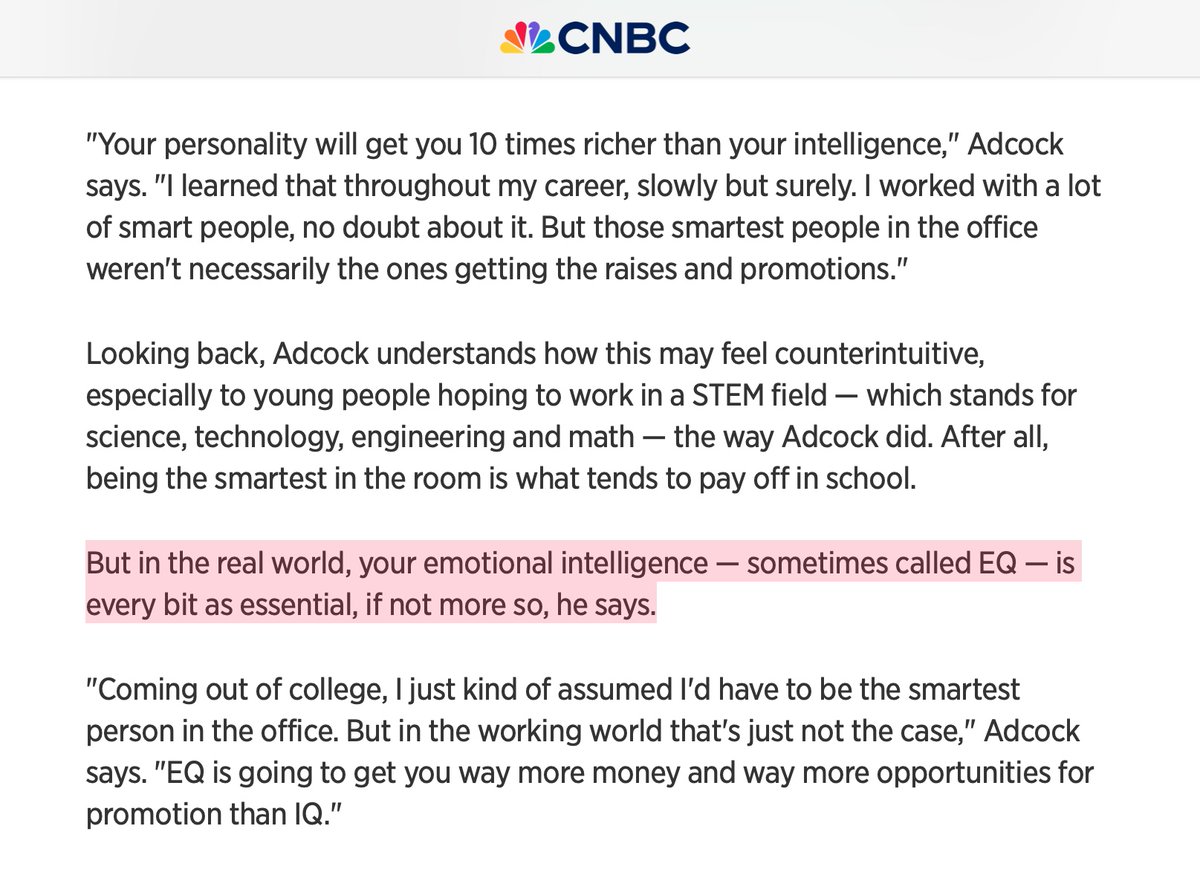 Your hard skills can get you in the door. But your soft skills land you promotions and help you climb up the ladder. Having a high EQ is as important as your IQ/hard skills. And in some industries - like sales & recruiting - you can argue EQ is 10x more important. This doesn't…