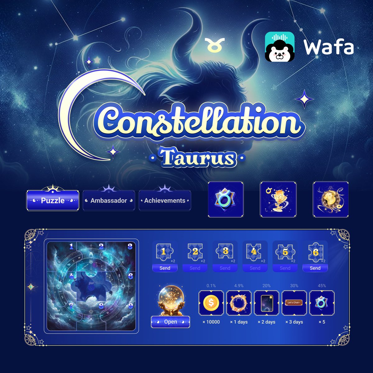 Constellation event is now live! Welcome to all taureans! ✨♉️

Join now and win exciting prizes 🎁

#wafaapp #liveevent #constellationevent #voiceapp