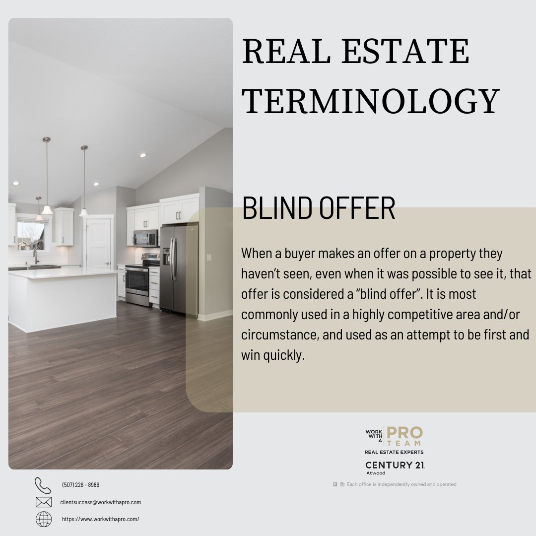 🔍 Unlocking Opportunities: Exploring Blind Offers 🤝 Dive into the world of negotiations with blind offers – a strategic move to initiate discussions and gauge interest! #NegotiationTactics #StrategicMoves #OpportunityKnocks#WorkWithAPRO #MNRealtor #RealEstateTerminology