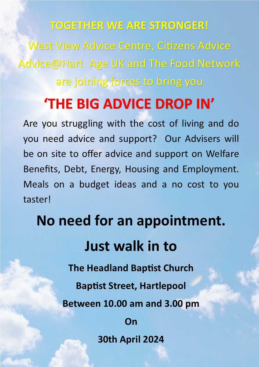 If you are struggling with the cost of living come along to The Big Advice Drop In at The Headland Baptist Church in Baptist Street on Tuesday from 10am-3pm for a range of advice and information.
