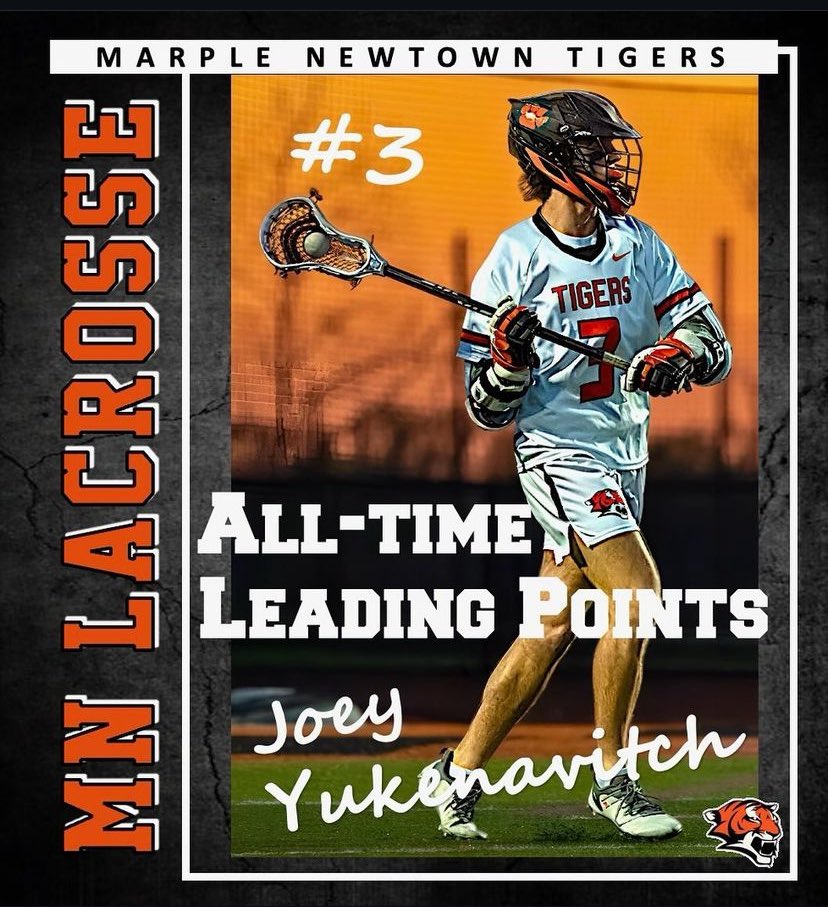 Congrats to Joey Yukenavitch who is now the all time leader in points! Awesome! Tiger Pride @MNTigerLax @marplenewtown @DTMattSmith @MBarkannNBCS @DelcoSports @sportsdoctormd @BillMaas @TerryToohey @delcosportsBob @PaPrepLive @phillylacrosse