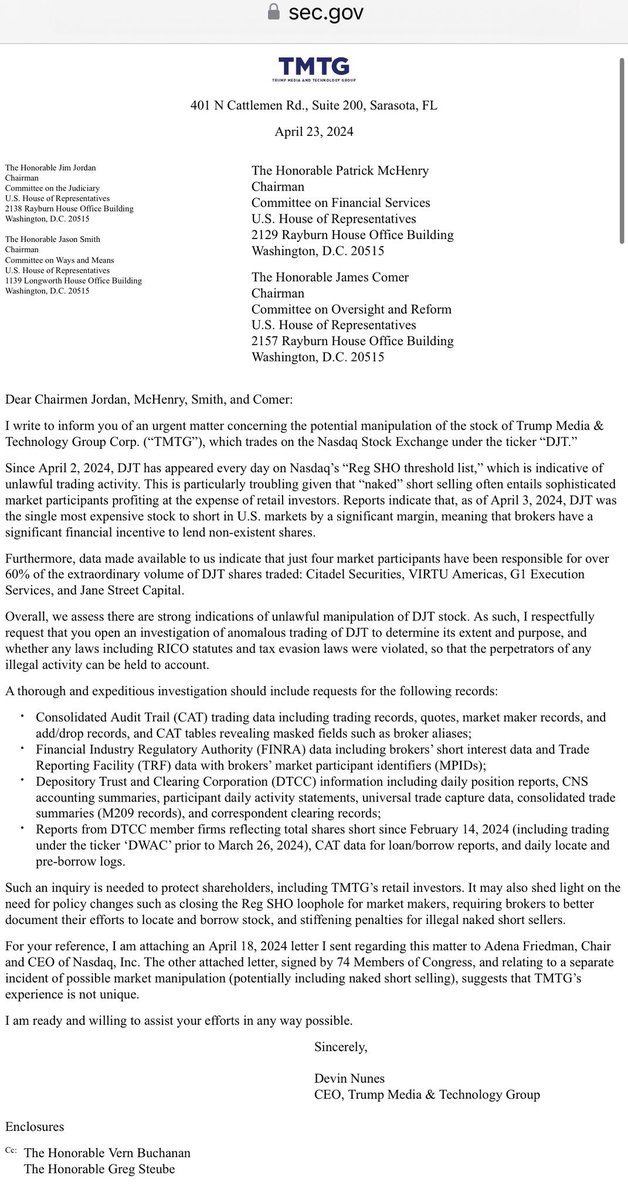 xMarketNews's tweet photo. BREAKING🚨 Trump Media CEO Devin Nunes Sends a Letter to Congress Indicating Potential “Naked Shorting” in the Companies Stock and Calls Out Citadel, VIRTUS Americas

Trump Media CEO is following the MMTLP Blueprint as over 70 Congress Members signed the $MMTLP open letter $DJT https://t.co/He2UxvKWPj