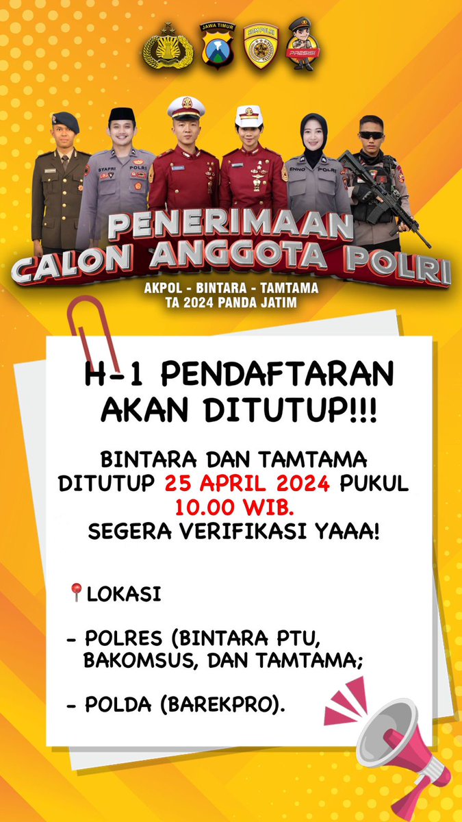 H-1 Pendaftaran Penerimaan Polri Ditutup pada tgl 25 April 2024 Segera Mendaftar jangan ketinggalan!!

#penerimaanpolri #polisijatim