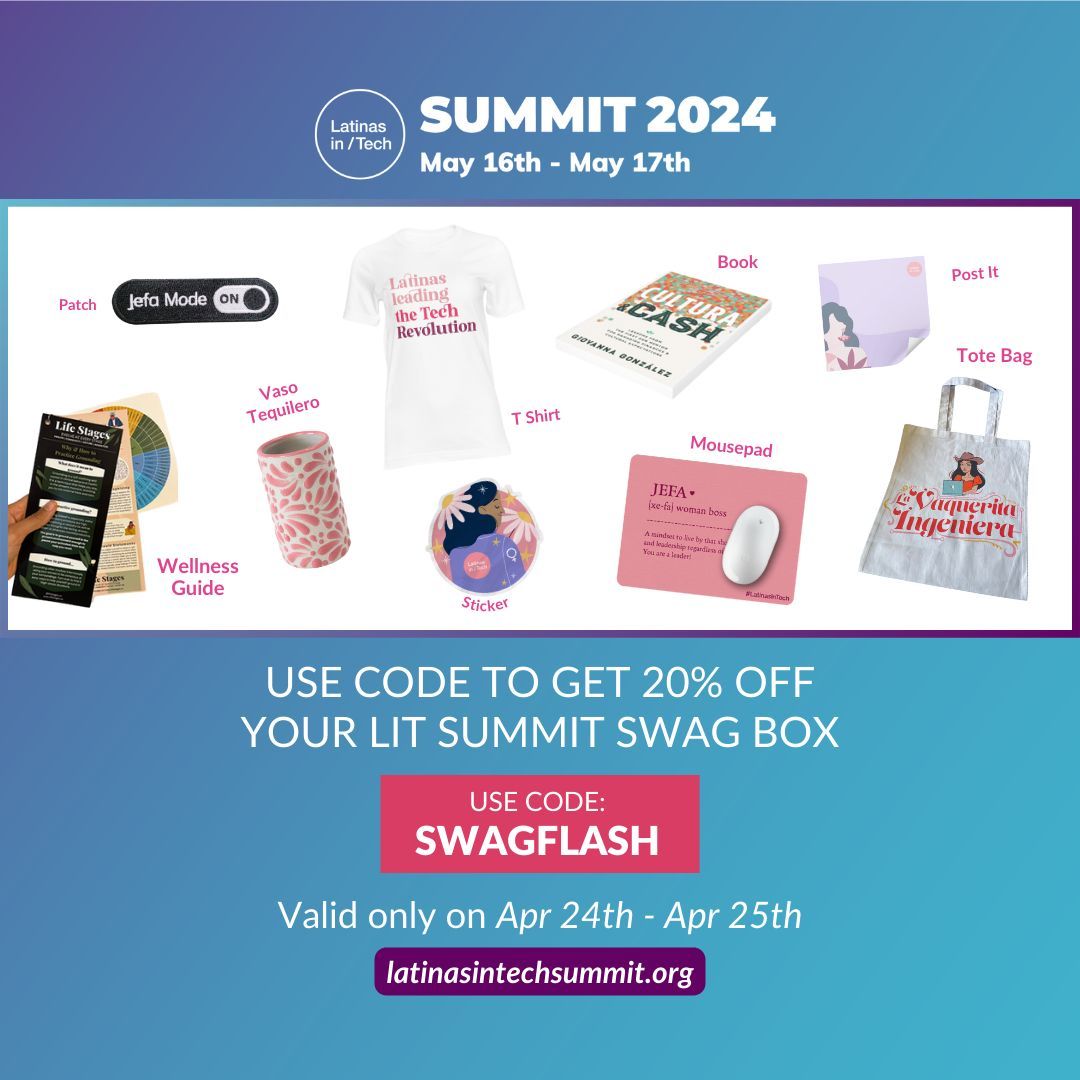 Save big and join us at the #LiTSummit2024, the Largest Tech Conference for Latinas! 

48 hours #FlashSale - 20% OFF:
⚡ Use code for LiT Summit 2024 ticket: FLASHSALE 

⚡ Use code  LiT Summit Swag Box: SWAGFLASH 

Buy 👉 buff.ly/3Matb2h 

 #LatinasInTech #TechConference