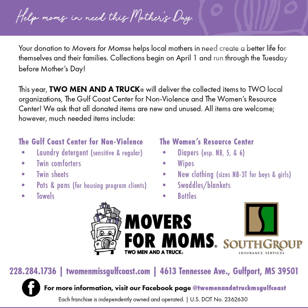 HELP MOMS IN NEED!  April 1 through Mother's Day - donate essential items for moms in need - 412 Hwy 90 Ste 6, Bay St Louis and 2505 PassRd, Biloxi - April 1 through Mother's Day! 
#southgroup  228-466-4498