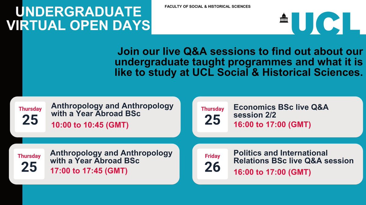 As a @ucl undergraduate you’ll gain a globally-respected degree and learn from world-leading experts 🎓 ➡️ Join us for our online Q&A sessions for the opportunity to speak to our staff & students: buff.ly/4cnzUAt #UCLOpenDays @UCLanthropology @EconUCL @uclspp