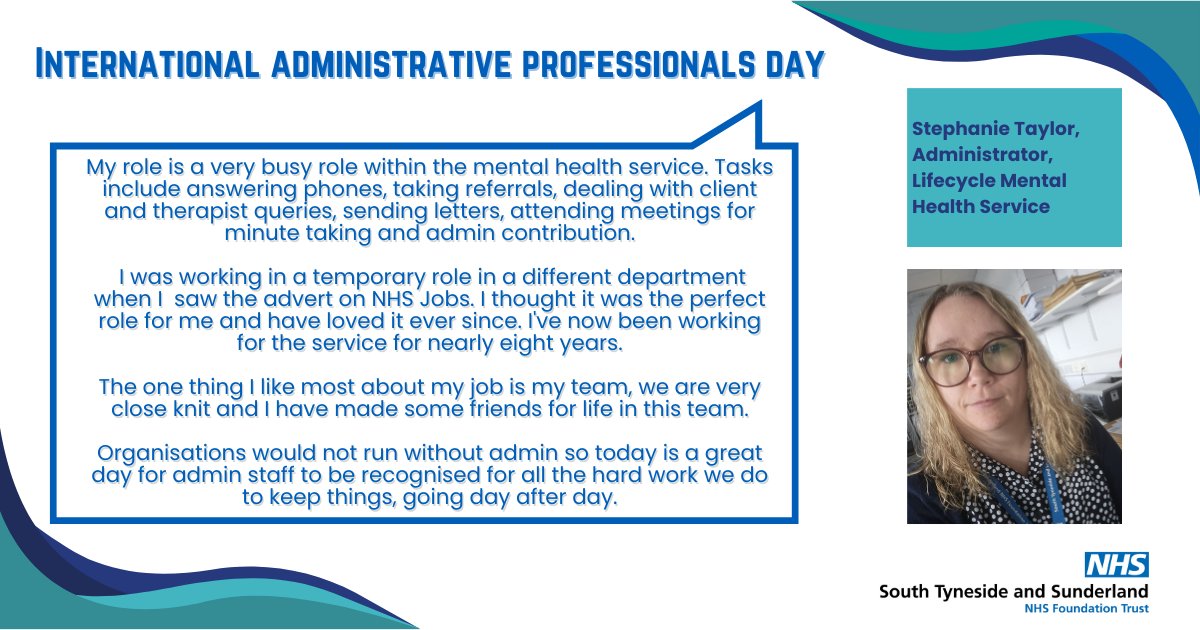 We're still celebrating #InternationalAdministrativeProfessionalsDay2024 💻📝! And some of our #TeamSTSFT colleagues are giving us an insight into their admin roles and why they love what they do 💙 Next up, is Stephanie 😊👇