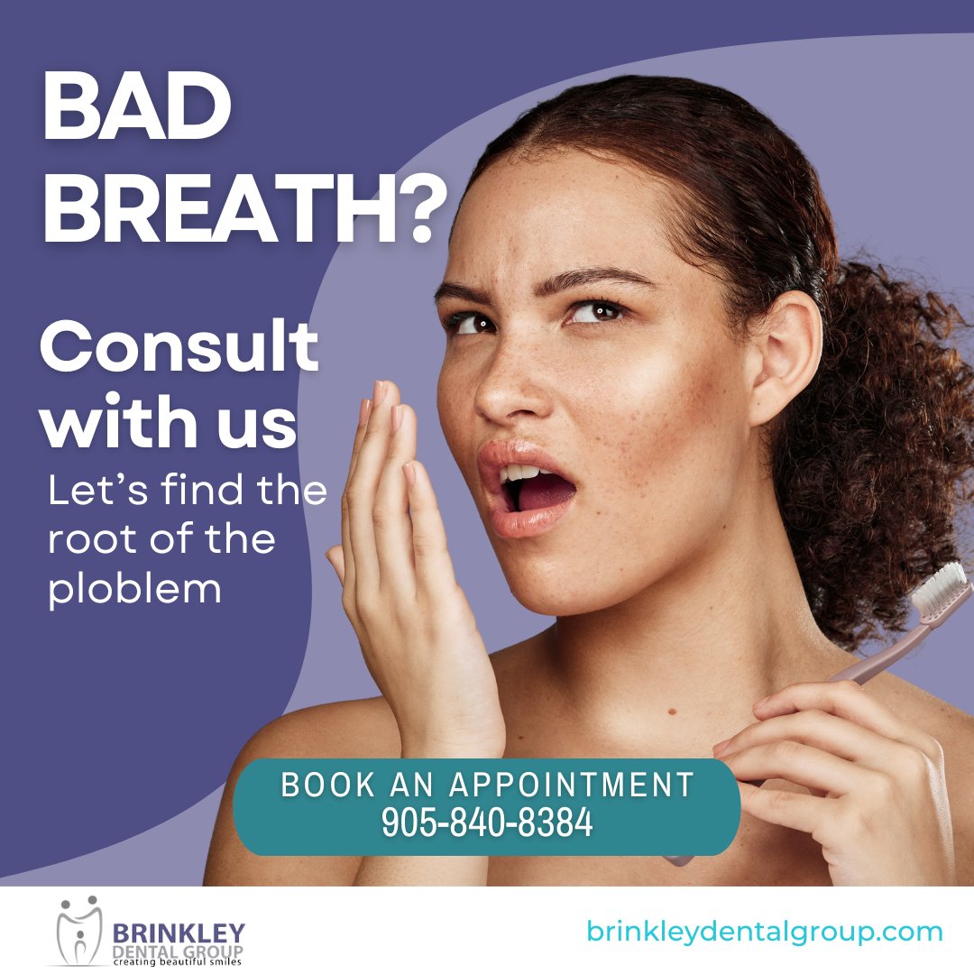 Bad breath got you feeling self-conscious? Don't worry, we're here to help freshen up your smile! Book an appointment with us today and let's tackle bad breath together. 😁🌟 #FreshBreath #BrinkleyDental #Brinkley #BrinkleyDental #dentist #Brampton #Bramptondentist #Smile