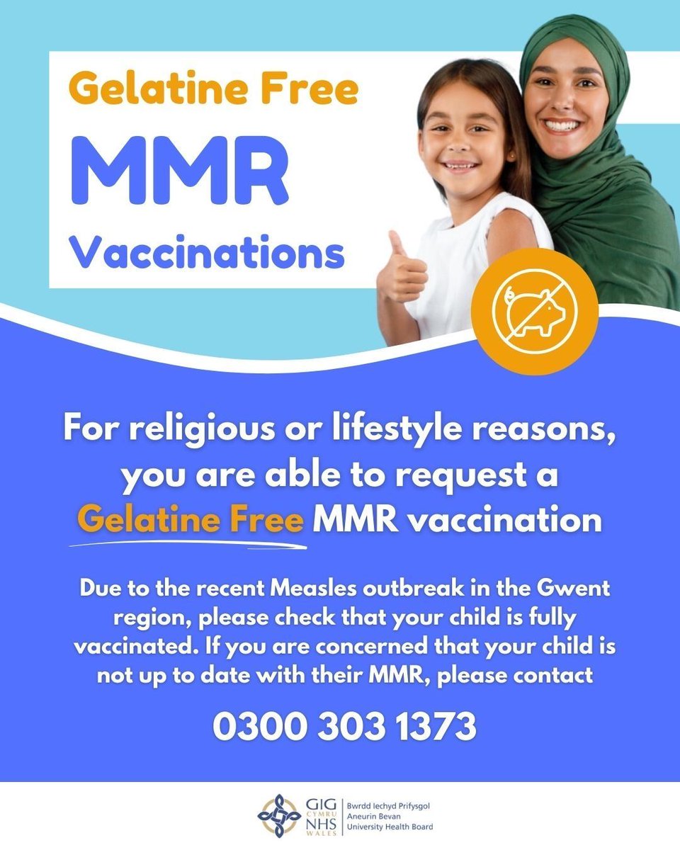 For religious or lifestyle reasons, you are able to request a Gelatine Free MMR vaccination. If you are concerned that your child is not up to date with their MMR, please contact 0300 303 1373