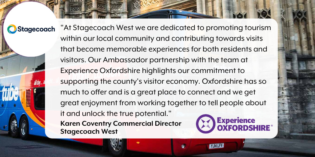 'Our Ambassador partnership with the team at Experience Oxfordshire highlights our commitment to supporting the county's visitor economy.' Karen Coventry, Commercial Director at @Stagecoach_Ox