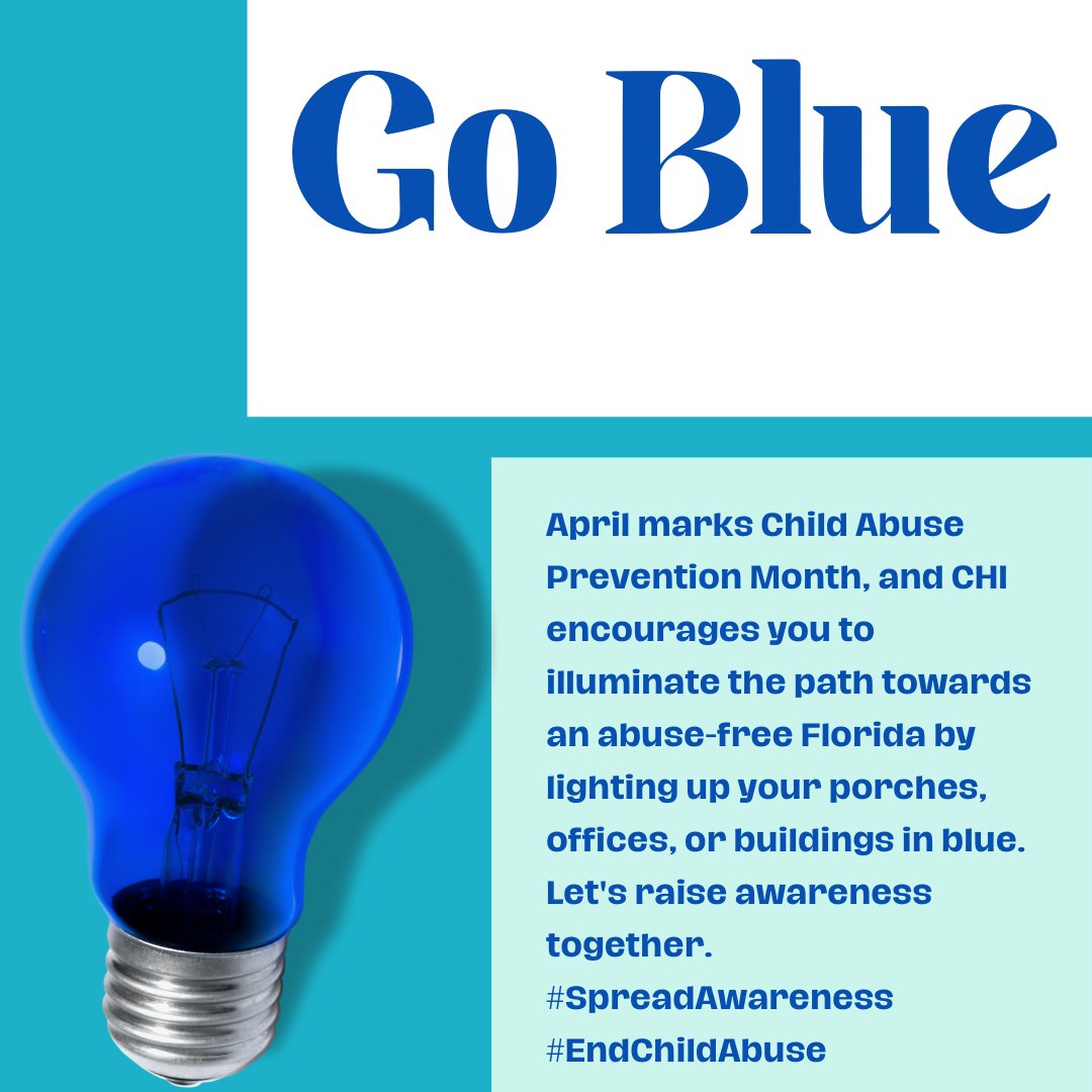 April is Child Abuse Prevention Month, and CHI invites you to join us in lighting the way for an abuse-free Florida by illuminating your porches, offices, or buildings in blue. Learn more at childrenshealinginstitute.org. #SpreadAwareness #EndChildAbuse