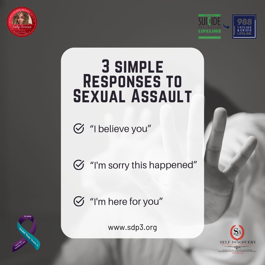 Three simple responses to sexual assault

Let's offer support, empathy, and validation to survivors. 
.
.
.
.
#BelieveSurvivors #SupportIsKey #EmpathyMatters #EndSexualViolence #StandWithSurvivors'