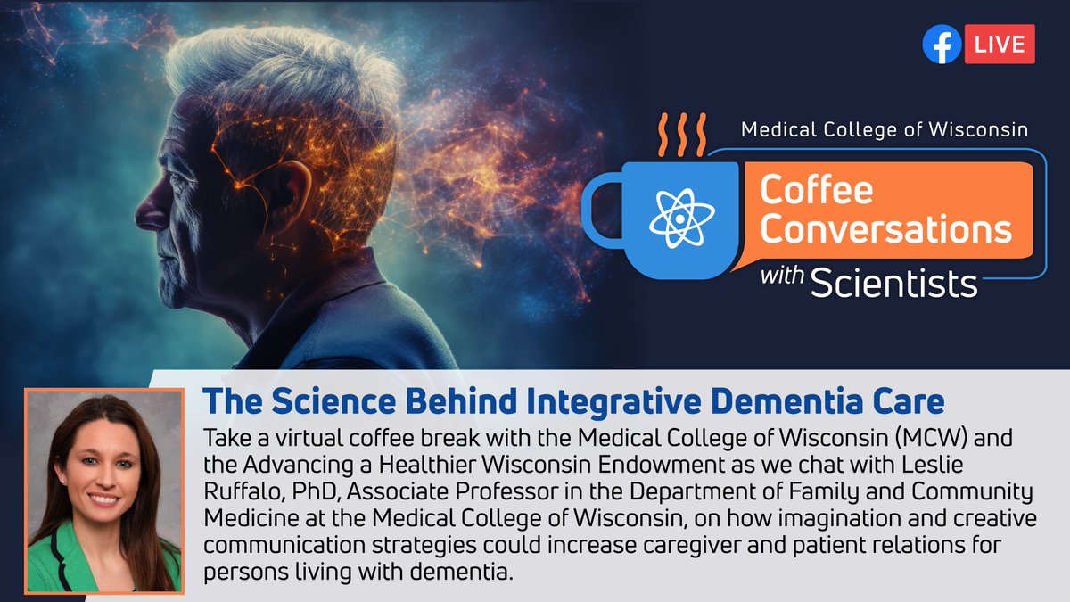 Don't miss Coffee Conversations with Scientists ☕ today at 11:30 a.m. as we chat with Dr. Leslie Ruffalo and explore new research that helps explain the #science behind integrative #dementiacare. hubs.li/Q02tPVWJ0 #WisconsinHealth #AHWEndowment @RayRashaan