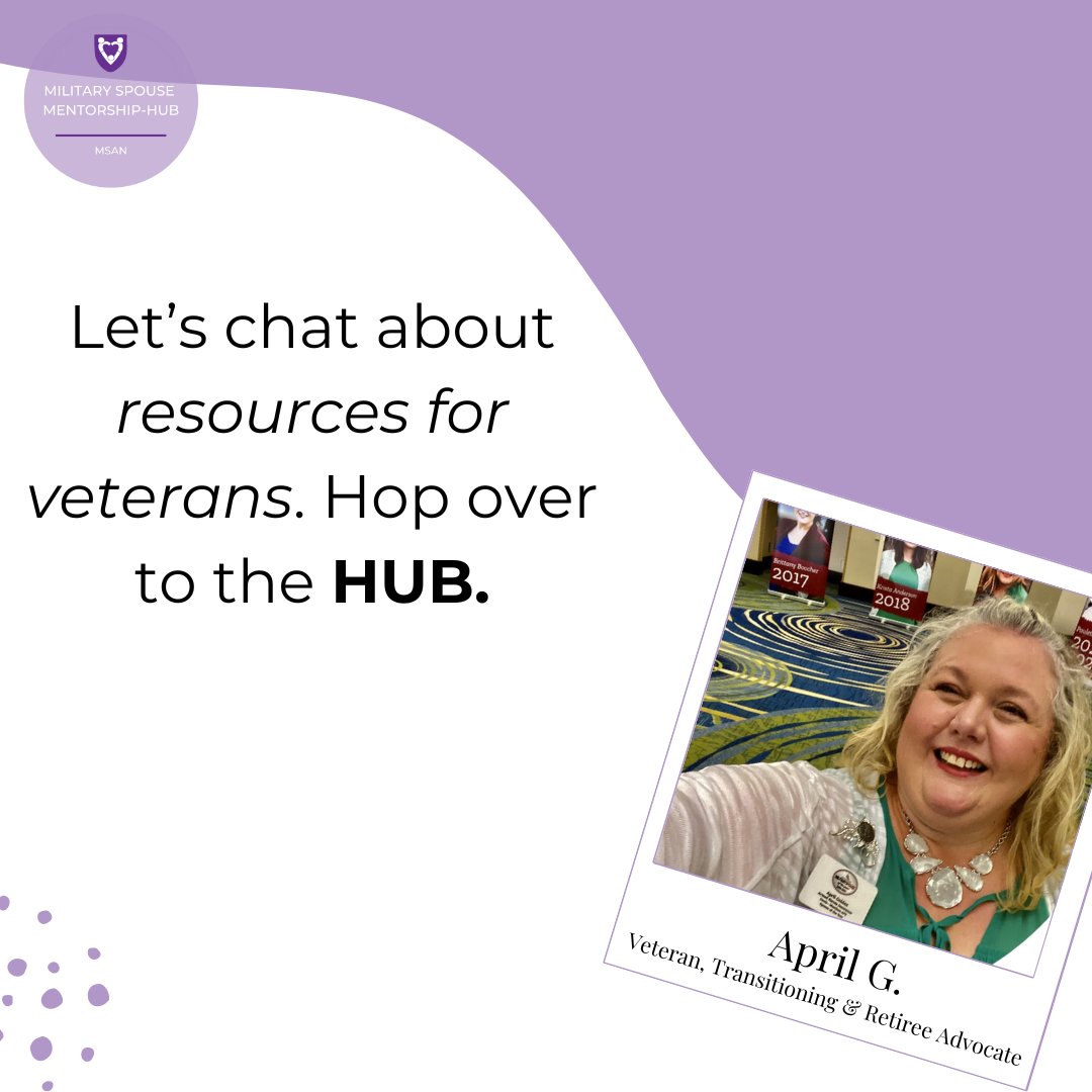 Join our Veteran, Transitioning & Retiree Advocate, April for her weekly chat in the HUB! Don't miss out on the opportunity to connect, share, and learn together. See you in the HUB! → ow.ly/ahfw50R5uX0 #MilitarySpouse #MSAN #MSANHUB #Military #SupportEachOther