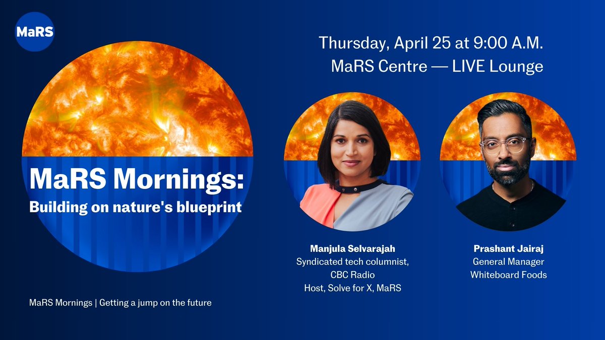 T-minus 24 hours until our #MaRSMornings event kicks off! Tomorrow's fireside chat on the future of food features Prashant Jairaj (general manager, @WhiteboardFoods) in conversation with @manjaselva (tech journalist ). Don't miss out — register now: eventbrite.ca/e/mars-morning…