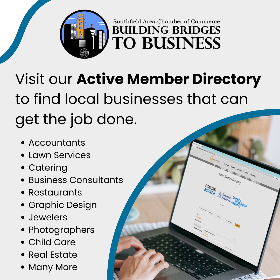 Our Active Member Directory gives you access to over 300 local business. From Accountants to Website Design, we've got you covered. 🙌

🔗 ow.ly/Bnhx50QYnmR

#creatingconnections #southfieldchamber #shoplocal #localbusinesses