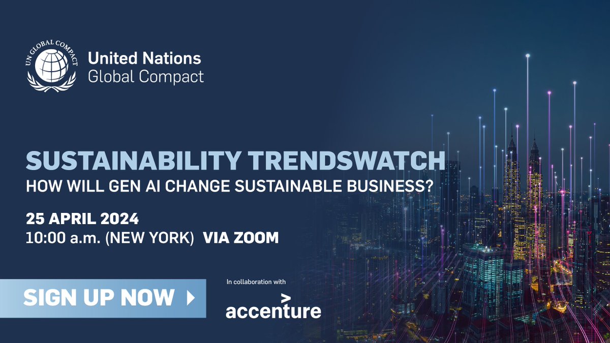 🚨 Last chance! Don't miss the inaugural session of Sustainability TrendsWatch tomorrow on 'How will Gen AI change sustainable business?' Register now for 25 April at 10:00 a.m. EDT at info.unglobalcompact.org/Sustainability…