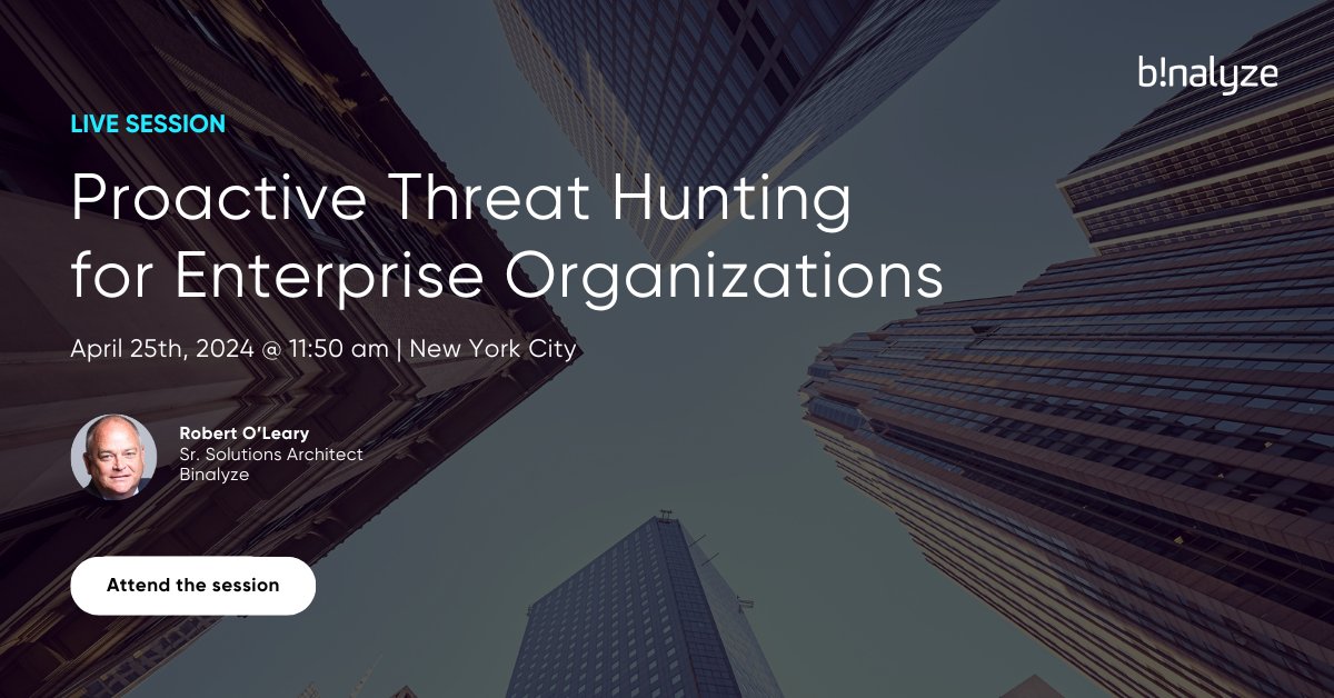 Join Binalyze's Robert O'Leary tomorrow for his session, 'Proactive Threat Hunting for Enterprise Organizations'. Explore the world of threat hunting and its role in fortifying security operations centers and incident response teams. ow.ly/jZcq50Qy9eO #threathunting