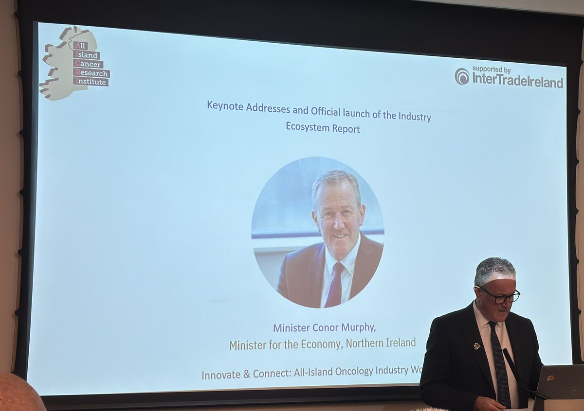 Minister @conormurphysf from @Economy_NI speaking at @AlCRIproject highlights huge economic potential from cross border collaboration in health sciences research in cancer medicine 📢 Highlights the @QUBelfast Future Medicines Research Institute led by @ChrisSc29531990