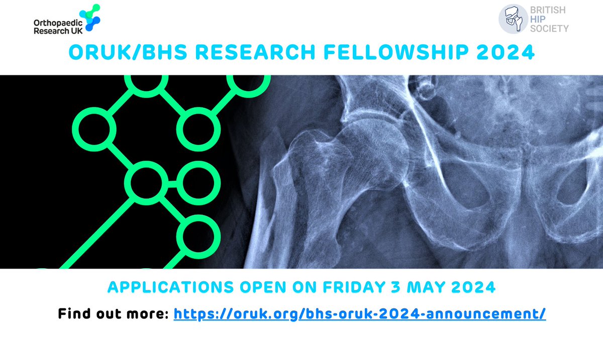 We're delighted to announce applications for our joint research fellowship with @BritishHip will open on Friday 3 May. Up to £110k will be available for the 2-year research fellowship. Find out more: oruk.org/bhs-oruk-2024-… #InvestinginOurFutureMovement #MSKmatters