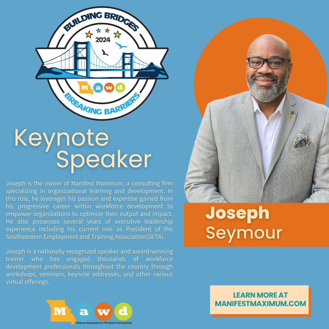 Thursday: We have Joseph Seymour here to speak with us during our Awards luncheon. Don't miss out! #mawd2024 #moworkforce #buildingbridgesbreakingbarriers