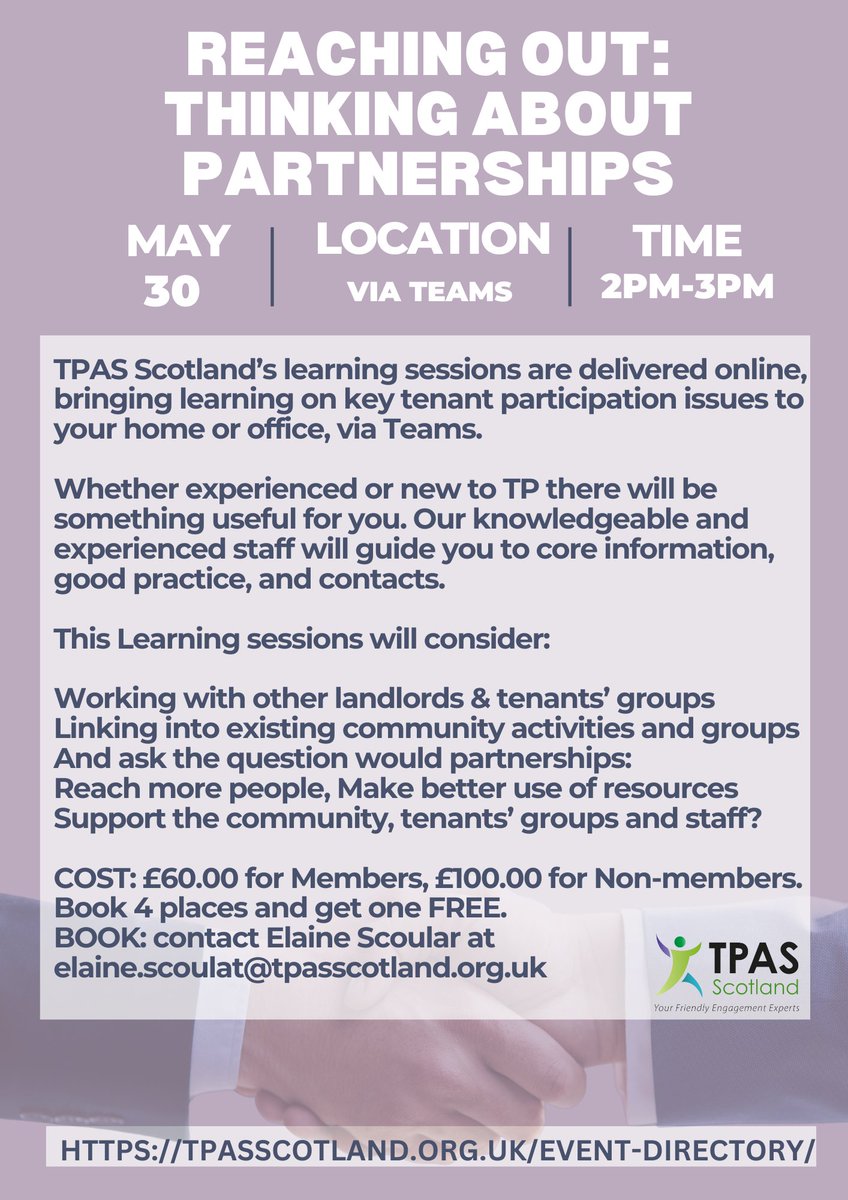Have you been thinking about partnerships that could work for your organisation? If so then this is the Learning session for you. 🗓️ 30th May 🕑 2-3pm 🖥️ Via Teams All information can be found via our website. tpasscotland.org.uk/event-director… #TPASScotland