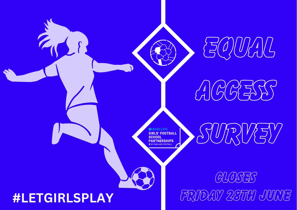 Equal Access Survey⚽️ 

This is your chance to give us an insight into the footballing opportunities that you provide girls within you school.

If you are required to complete the survey, you will have received an email 📩

#GirlsFootballinSchools
@YouthSportTrust
@BarclaysFooty