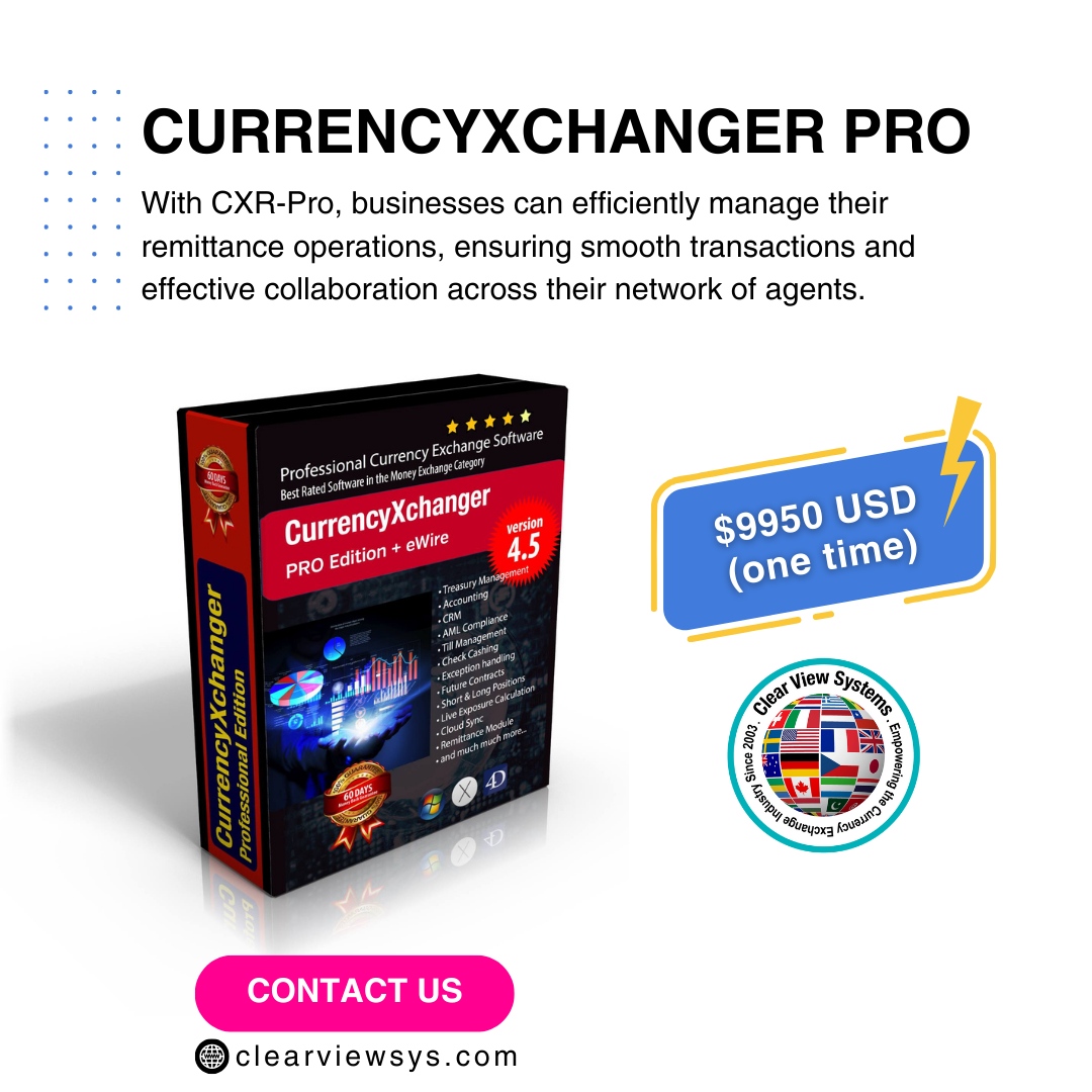 💸 Unlock seamless remittance management with CXR-Pro.

Facilitating smooth transactions and fostering collaboration across your network of agents effortlessly. 🌐💼 

🌐 clearviewsys.com

#ClearViewSystems #FinancialSolutions #FintechInnovation