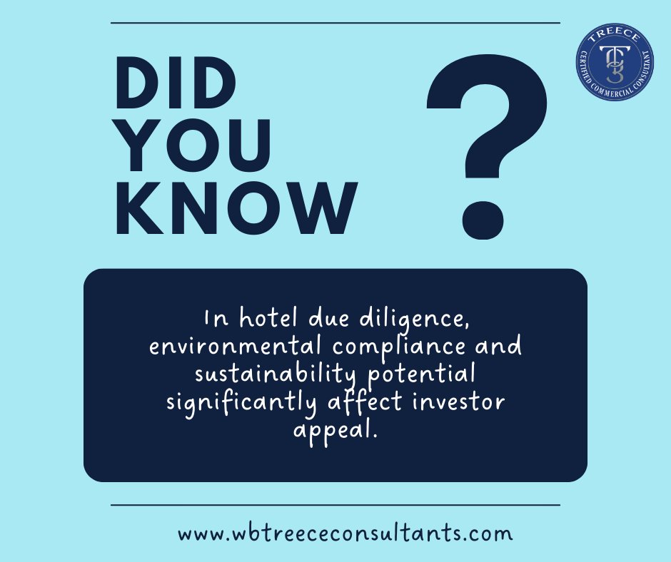 wbtcassessors's tweet image. In hotel due diligence, environmental compliance and sustainability potential significantly affect investor appeal.
#DidYouKnowSeries
#PropertyOptimization
#WBTreeceConsultants
#HotelInvestments
#hotelduediligence