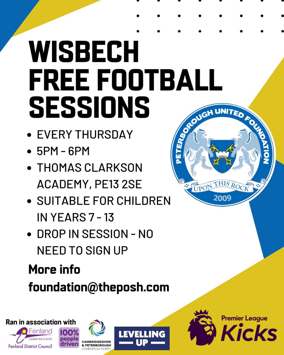 ⚽️ We're running a free #PLKicks weekly football session at Thomas Clarkson Academy in Wisbech.
📧 Foundation@theposh.com to sign up or just come along!

#pufc